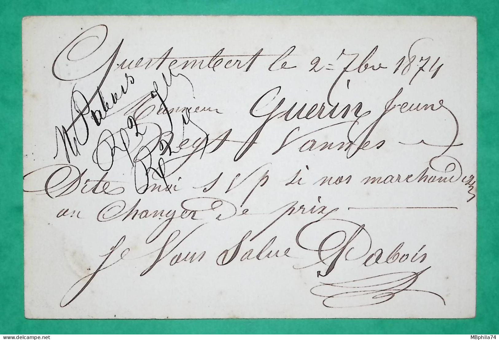 N°55 CARTE PRECURSEUR GC 3058 QUESTEMBERT MORBIHAN POUR VANNES 1874 LETTRE COVER FRANCE - 1849-1876: Classic Period