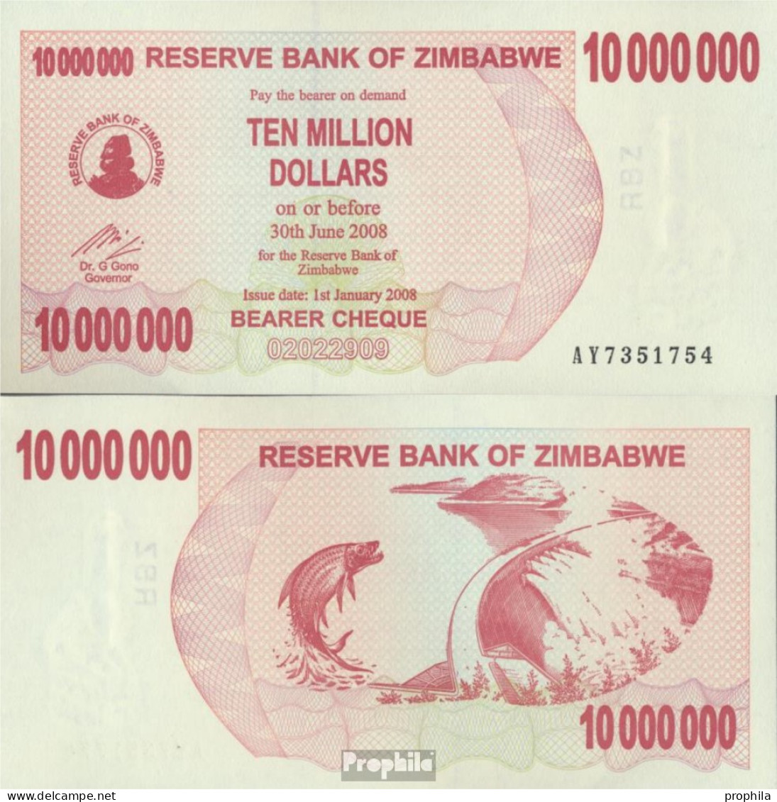 Simbabwe Pick-Nr: 55a Bankfrisch 2008 10 Mio. Dollars - Zimbabwe