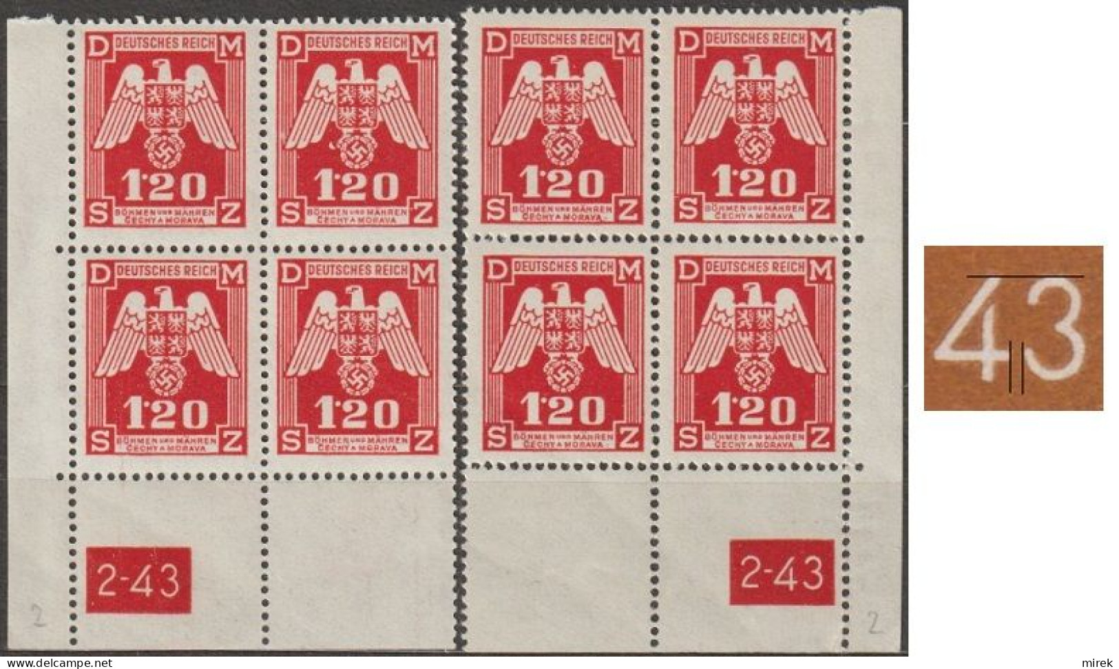 051/ Pof. SL 19, Corner 4-blocks, Plate Number 2-43, Type 1, Var. 2 - Ongebruikt