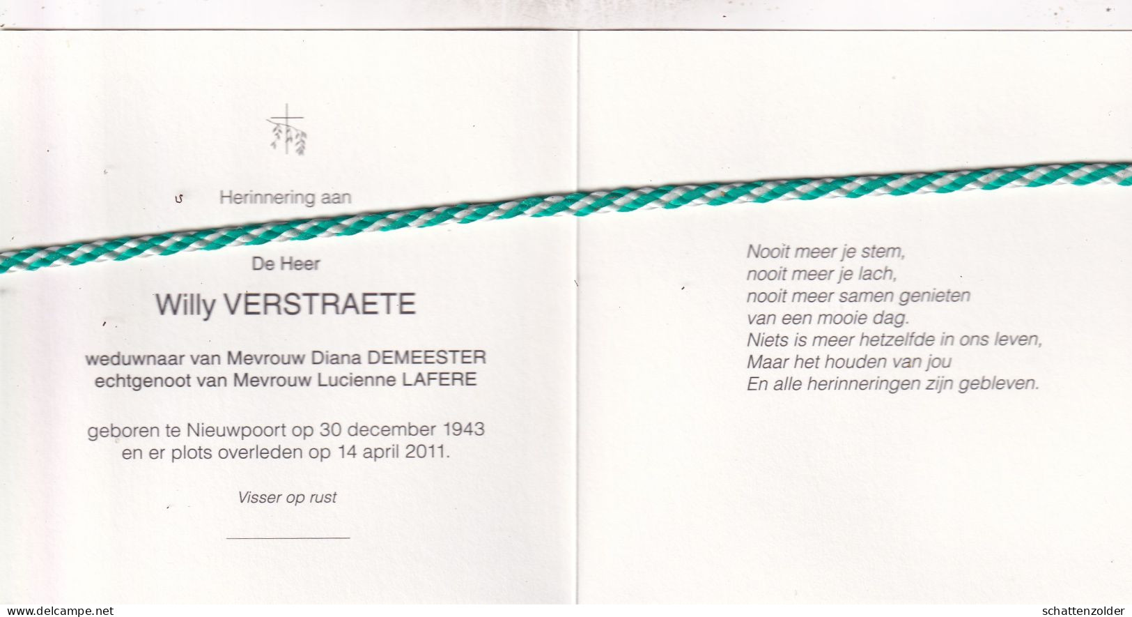 Willy Verstraete-Demeester-Lafere, Nieuwpoort 1943, 2011. Visser O.r. . Foto - Obituary Notices