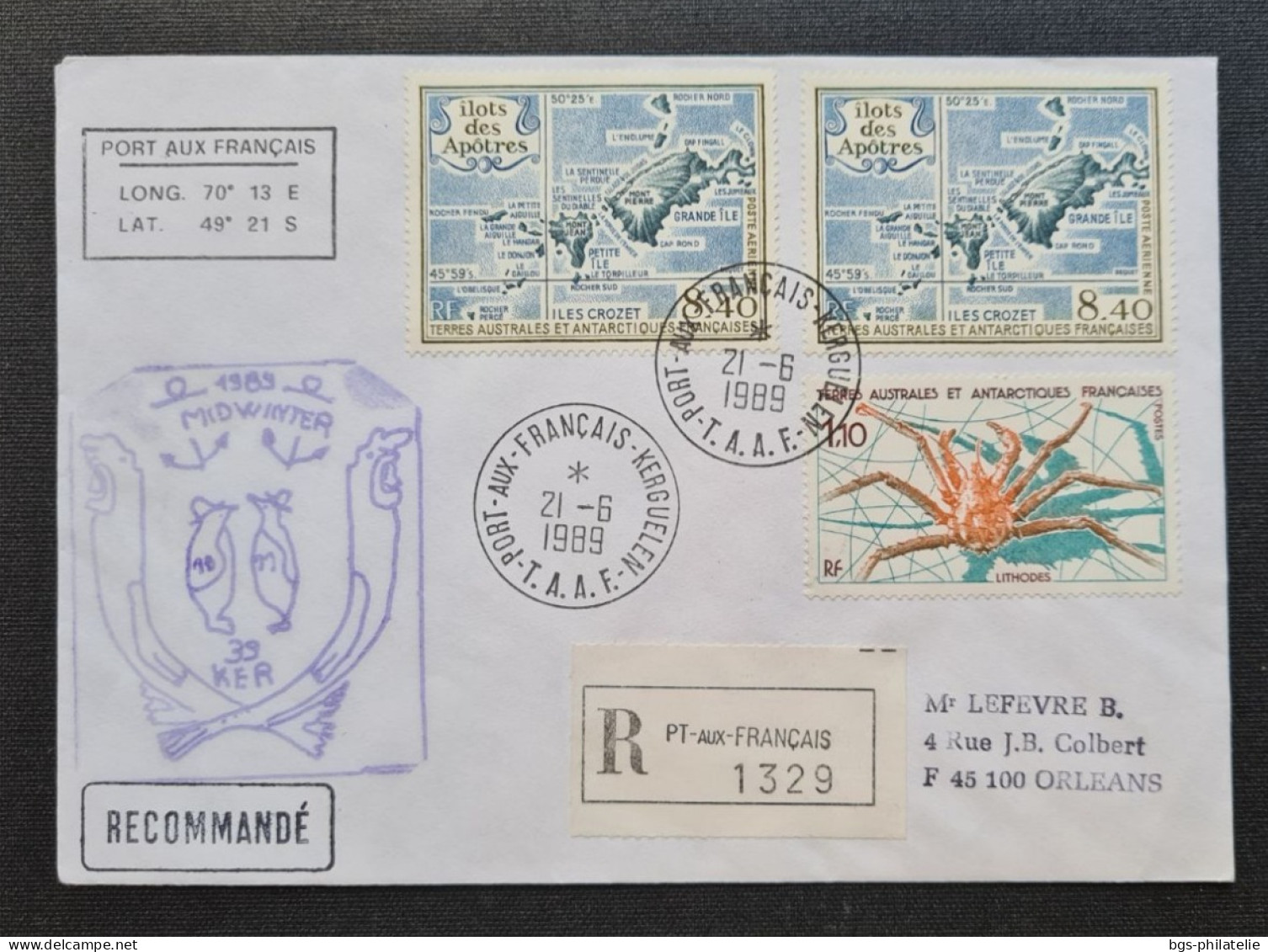 TAAF,  Timbres Numéros 140 Et PA 100 × 2 Oblitérés De Kerguelen Le 21/6/1989. - Covers & Documents