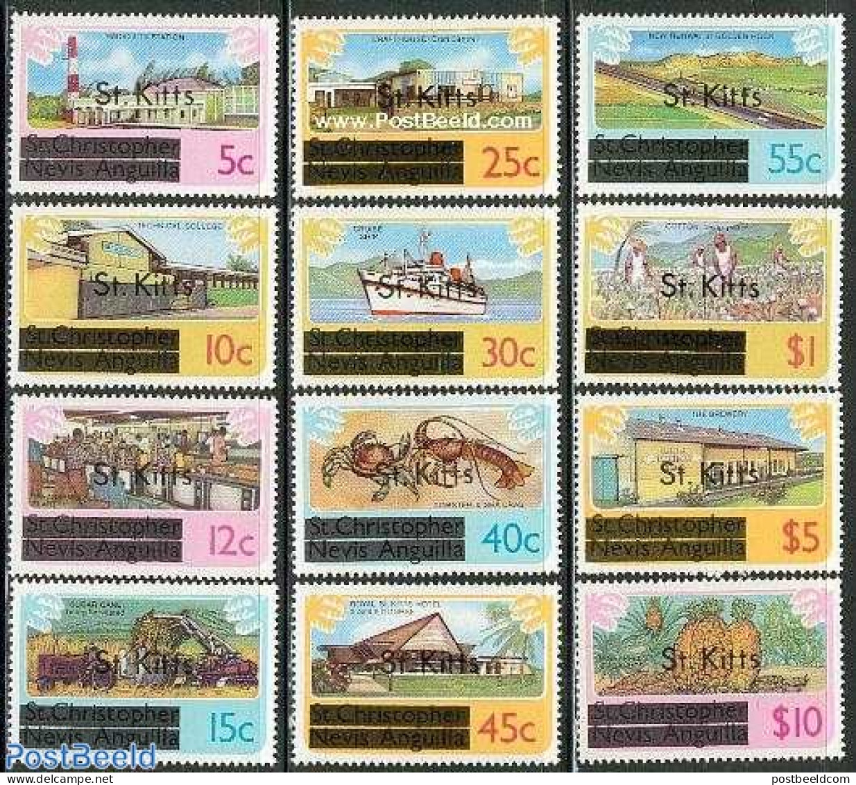 Saint Kitts/Nevis 1980 Definitives 13v, Mint NH, Nature - Sport - Transport - Fruit - Golf - Ships And Boats - Fruit