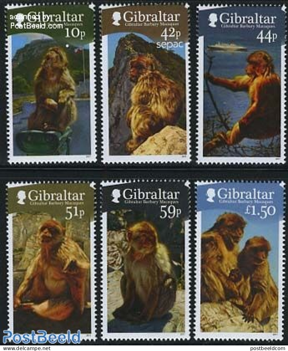 Gibraltar 2011 Monkeys 6v, Mint NH, Nature - Transport - Animals (others & Mixed) - Monkeys - Ships And Boats - Bateaux