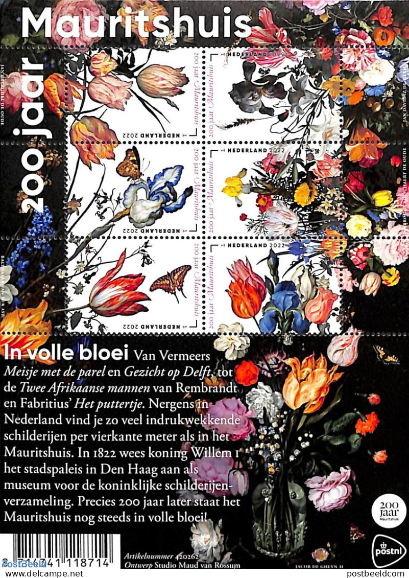 Netherlands 2022 200 Years Mauritshuis Museum 6v M/s, Mint NH, Nature - Flowers & Plants - Art - Museums - Paintings - Blocks & Sheetlets
