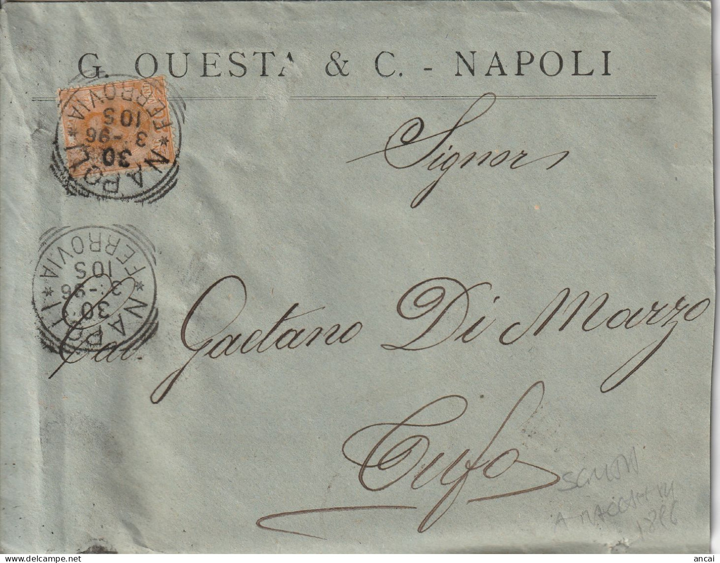 Italy. A215. Napoli. 1896. Lettera Con Intestazione PRIVATA Per Tufo. Annullo Tondo Riquadrato NAPOLI *FERROVIA* - Marcophilia