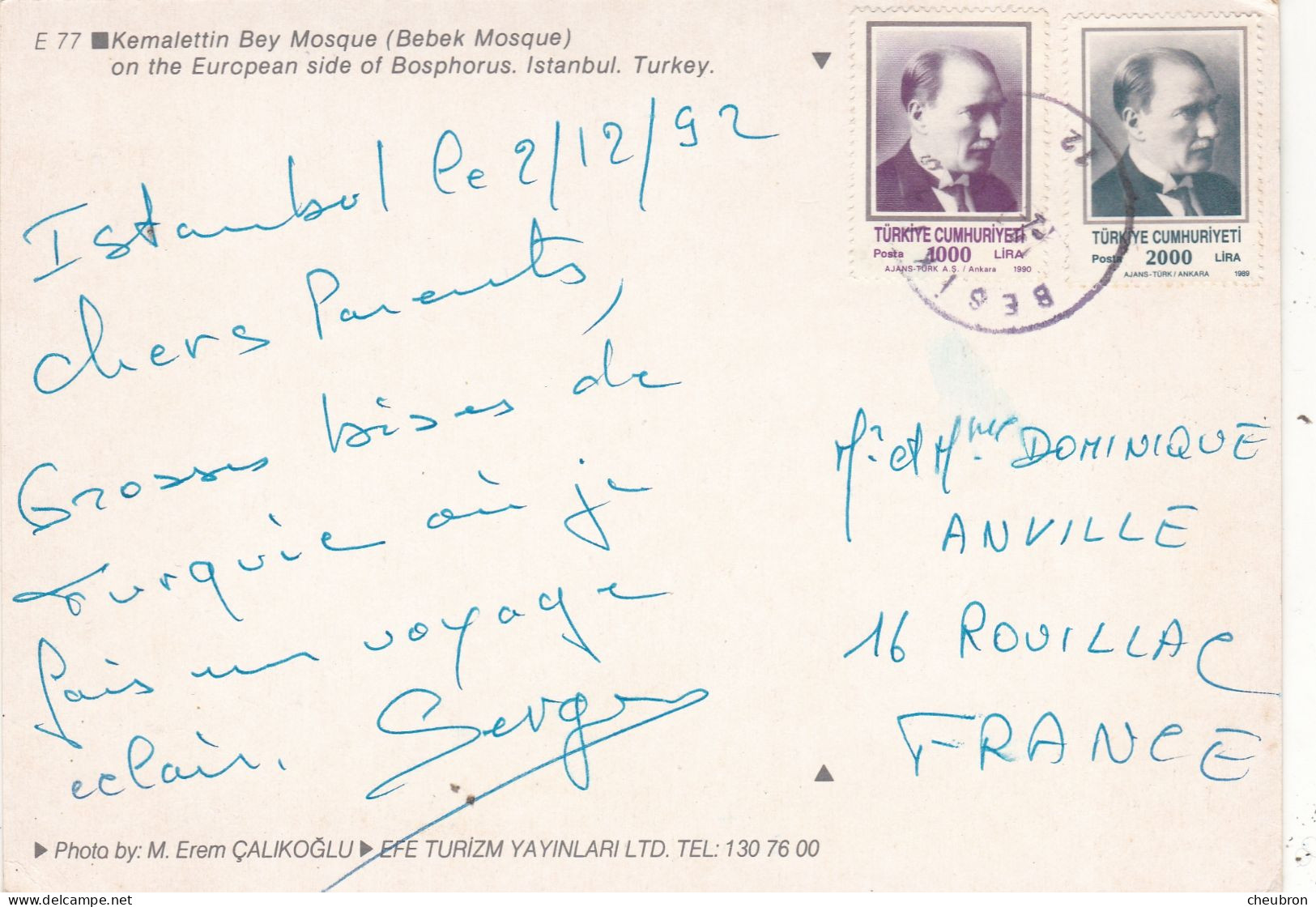 TURQUIE. ISTANBUL (ENVOYE DE) . " BABEK MOSQUE ". ANNÉE 1992+ TEXTE + TIMBRES. FORMAT 17 X 12 Cm. - Turkey