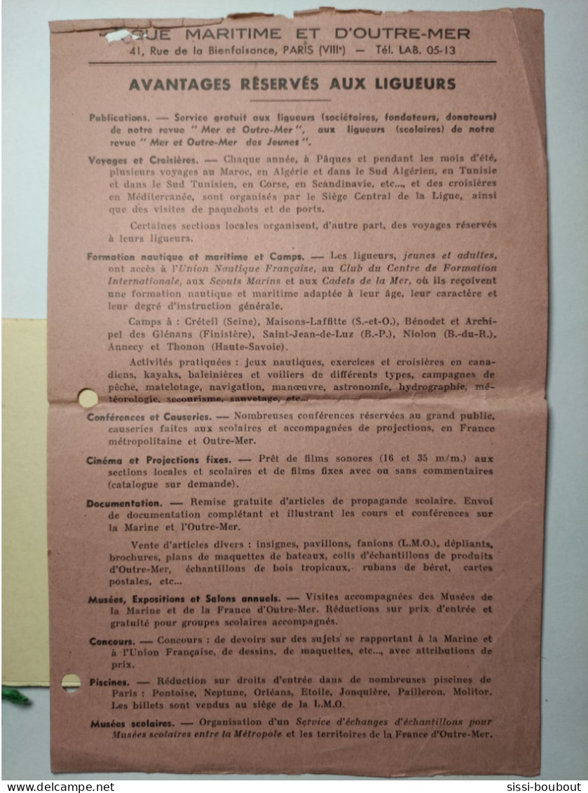 Bulletin D'Adhésion Pour "La Ligue Maritime Et D'Outre-Mer" Accompagné D'une Carte “Les Forces Maritimes Du Rhin” 1952 - Cartes De Membre