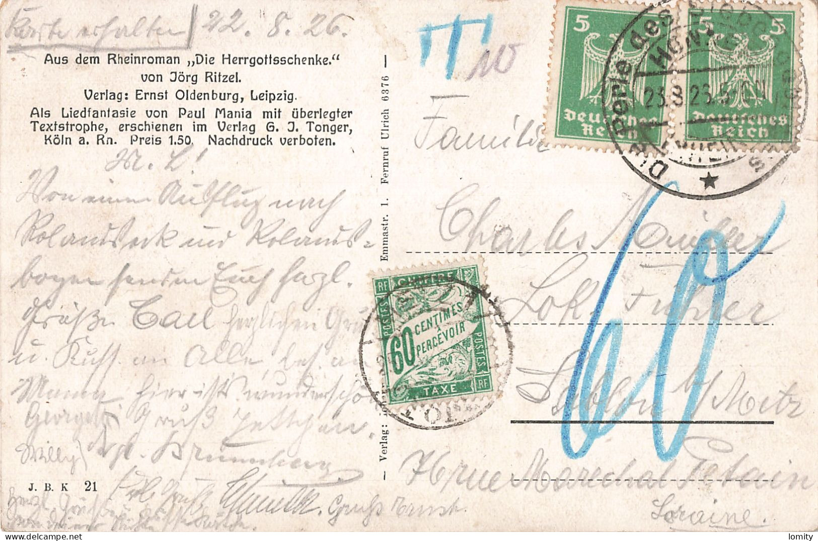 France Timbre Taxe N°38 60 Centimes Sur Carte Postale Avec Timbres Deutsches Reich Cachet 1926 Im Rolandsbogen Allemagne - 1859-1959 Lettres & Documents