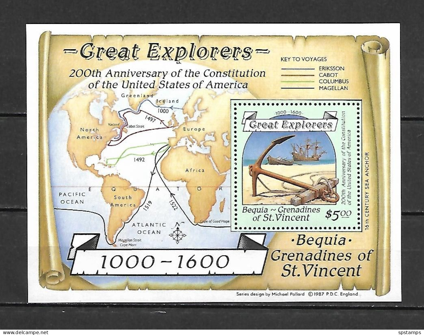 Bequia 1988 Great Explorers - The 200th Anniversary Of The Constitution Of The United States Of America MS MNH - St.Vincent (1979-...)