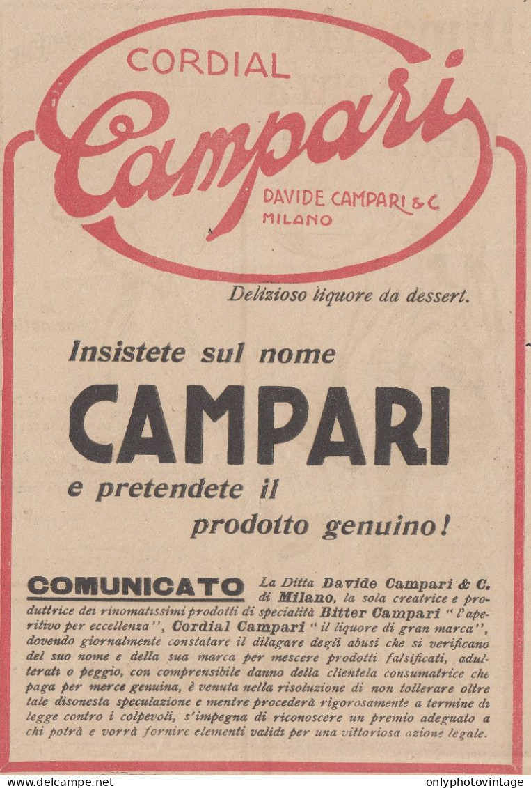 Cordial Campari Delizioso Liquore Da Dessert - 1922 Pubblicità Epoca - Publicités