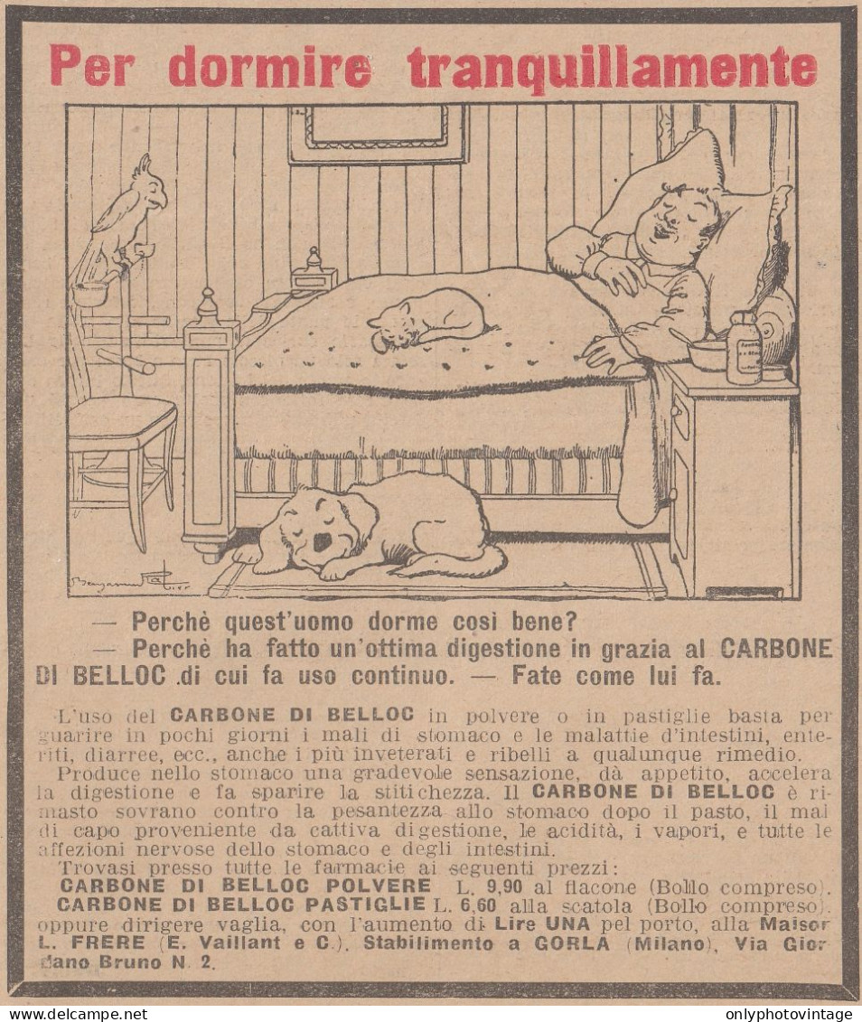 Carbone BELLOC - Vignetta - Per Dormire Tranquillamente - 1923 Pubblicità - Pubblicitari