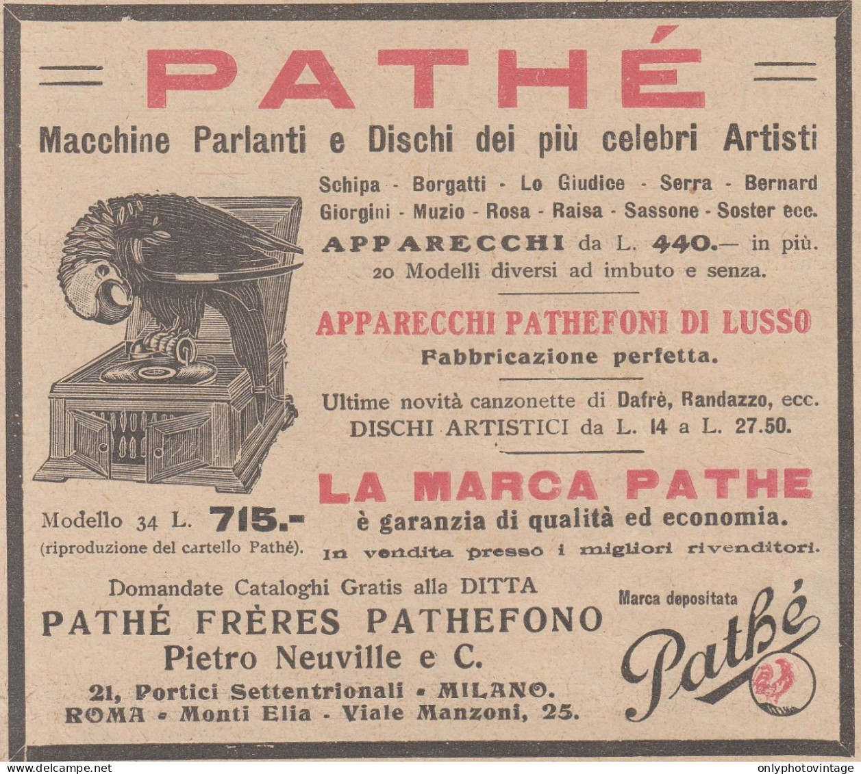 Pathé Frères Pathéfono - Apparecchi Di Lusso - 1923 Pubblicità Epoca - Pubblicitari