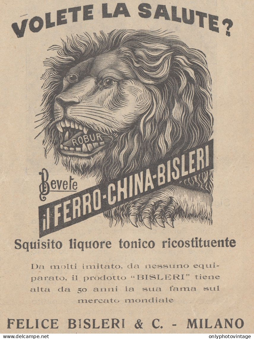 Liquore Ferro China Bisleri - Illustrazione Testa Leone - 1926 Pubblicità - Publicités