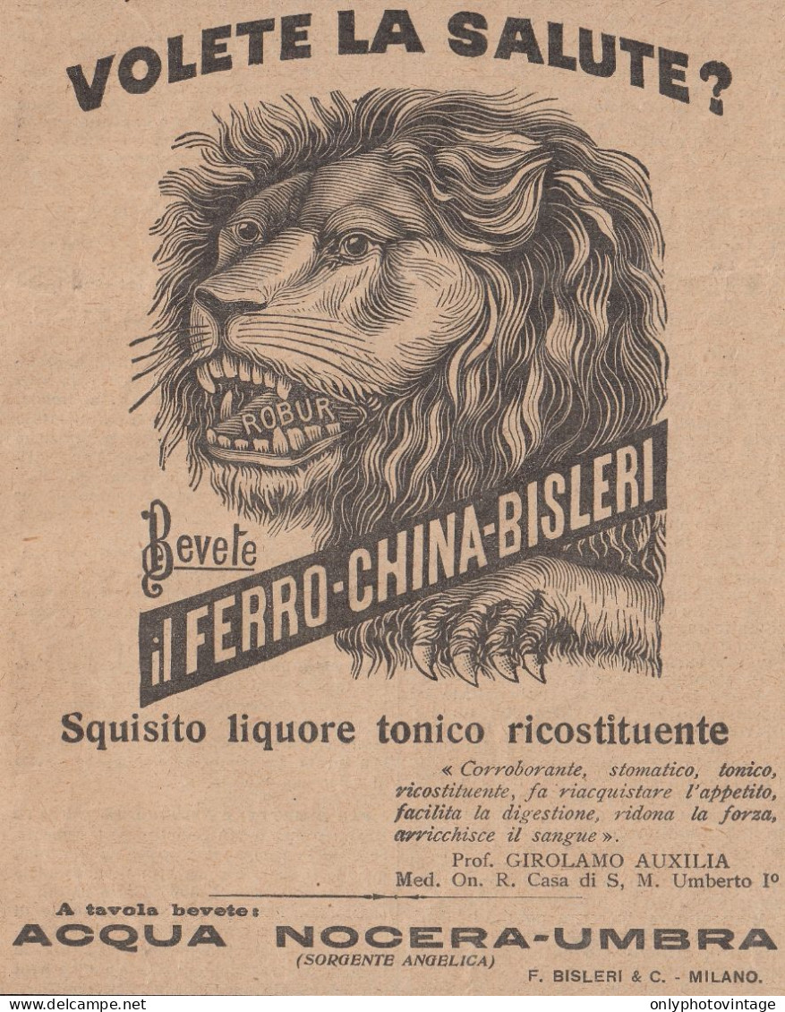 Liquore Ferro China Bisleri - Illustrazione Testa Leone - 1926 Pubblicità - Publicités