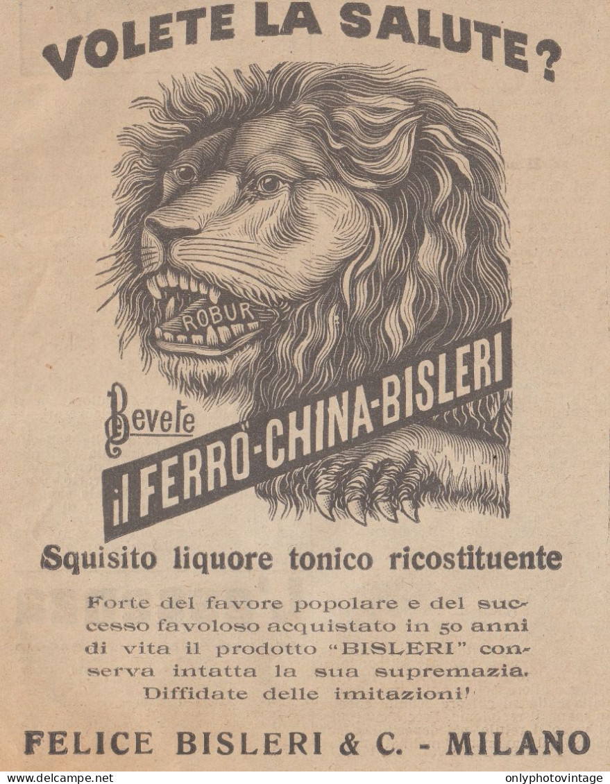 Liquore Ferro China Bisleri - Illustrazione Testa Leone - 1926 Pubblicità - Publicités