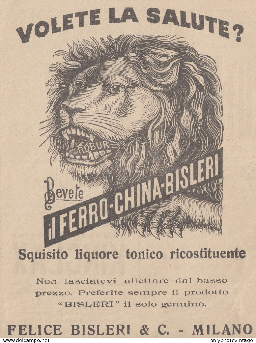 Liquore Ferro China Bisleri - Illustrazione Testa Leone - 1926 Pubblicità - Reclame