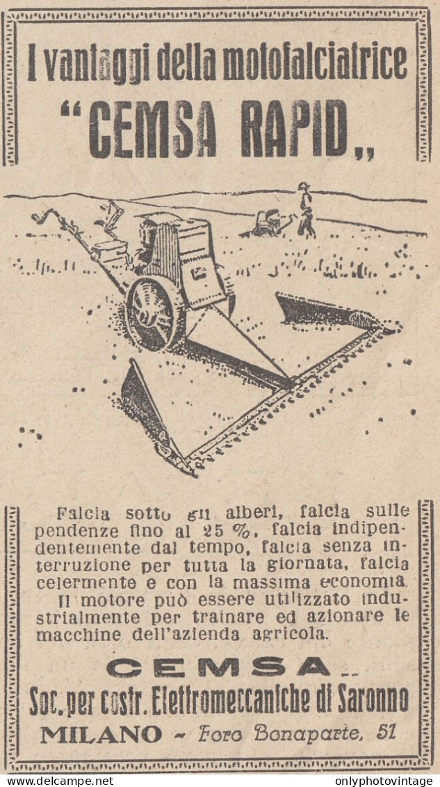 Motofalciatrice CEMSA RAPID - 1928 Pubblicità Epoca - Vintage Advertising - Pubblicitari