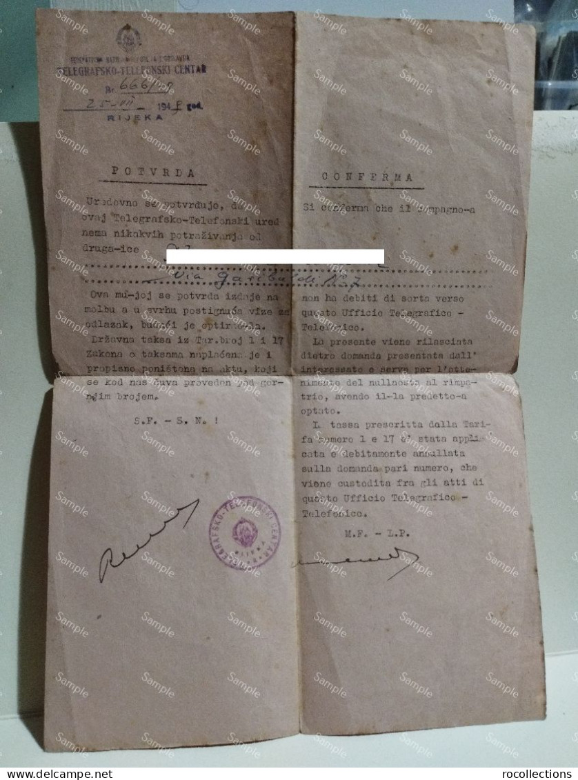 Esodo Giuliano Dalmato Jugoslavija Rijeka 1949 Document No Impediment For Repatriation To Italy - Sin Clasificación