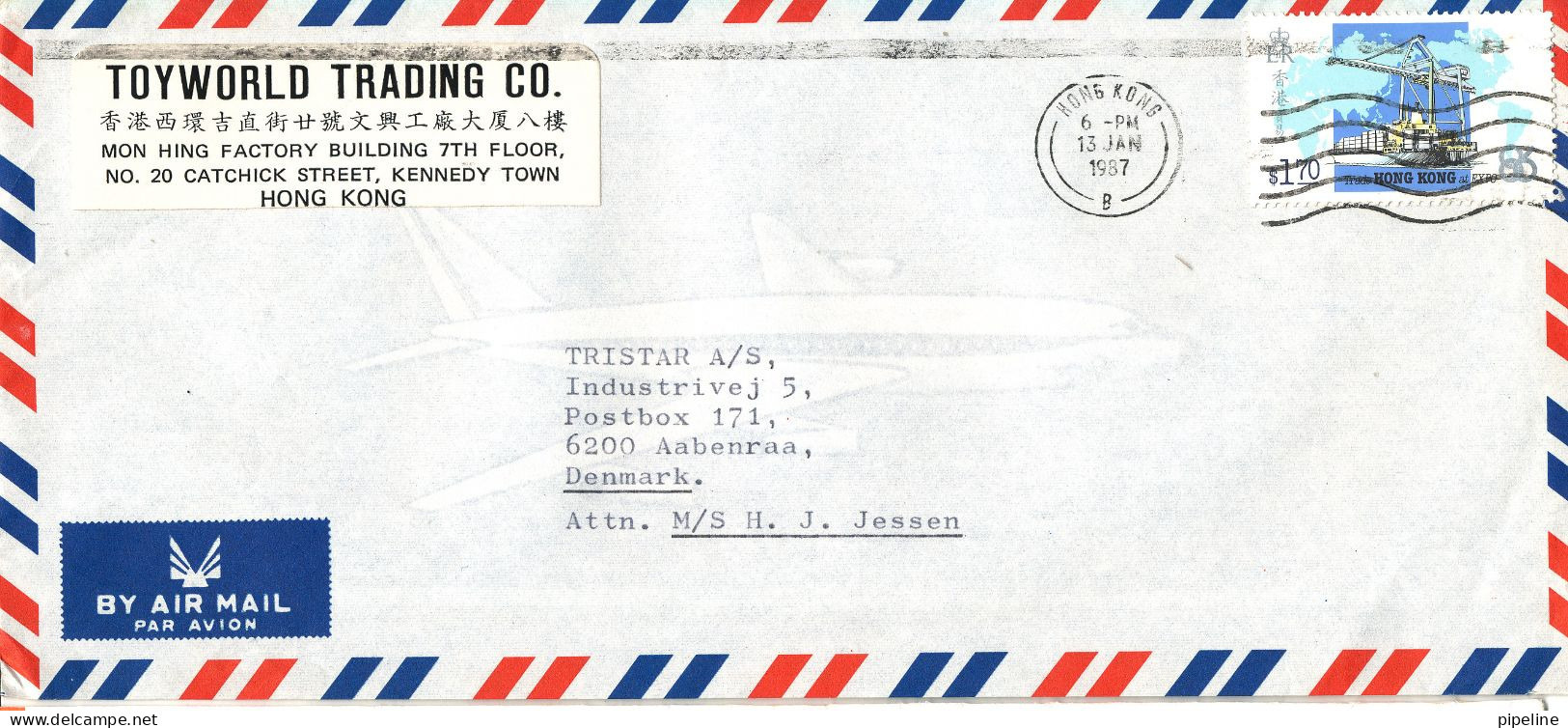 Hong Kong Air Mail Cover Sent To Denmark 13-1-1987 Single Franked - Covers & Documents