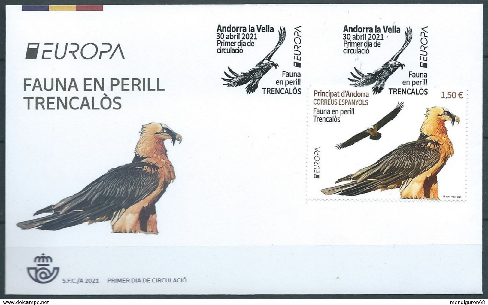 ANDORRE ANDORRA ESPAÑOLA 2021 EUROPA CEPT ENDANGERED SPECIES: BEARDED VULTURE FDC MI 510 YT 500 ED 512 - Briefe U. Dokumente