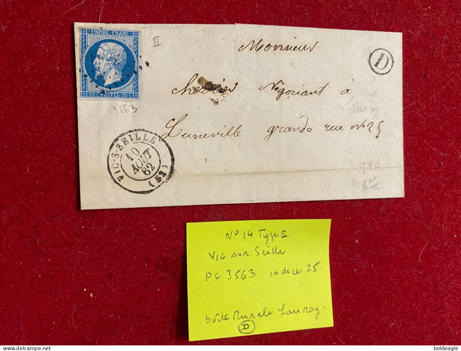 LETTRE 1862 - YT 14 TYPE 2 - VIC SUR SEILLE PC 3563 - BOITE RURALE LAUROY D - 1849-1876: Classic Period