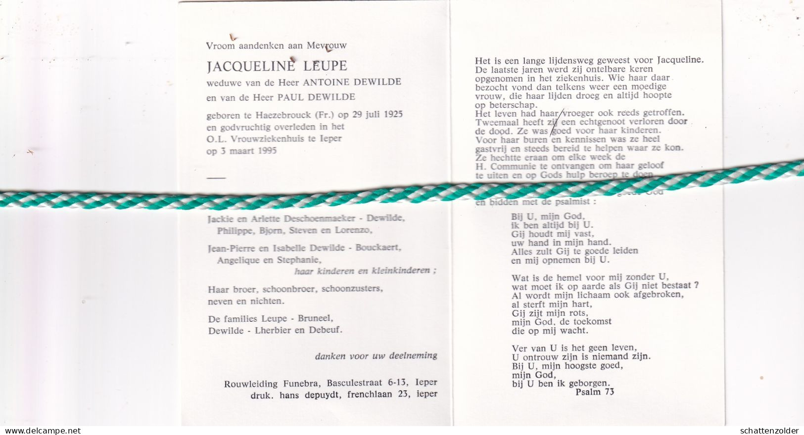 Jacqueline Leupe-Dewilde, Haezebrouck (Fr) 1925, Ieper 1995 - Obituary Notices