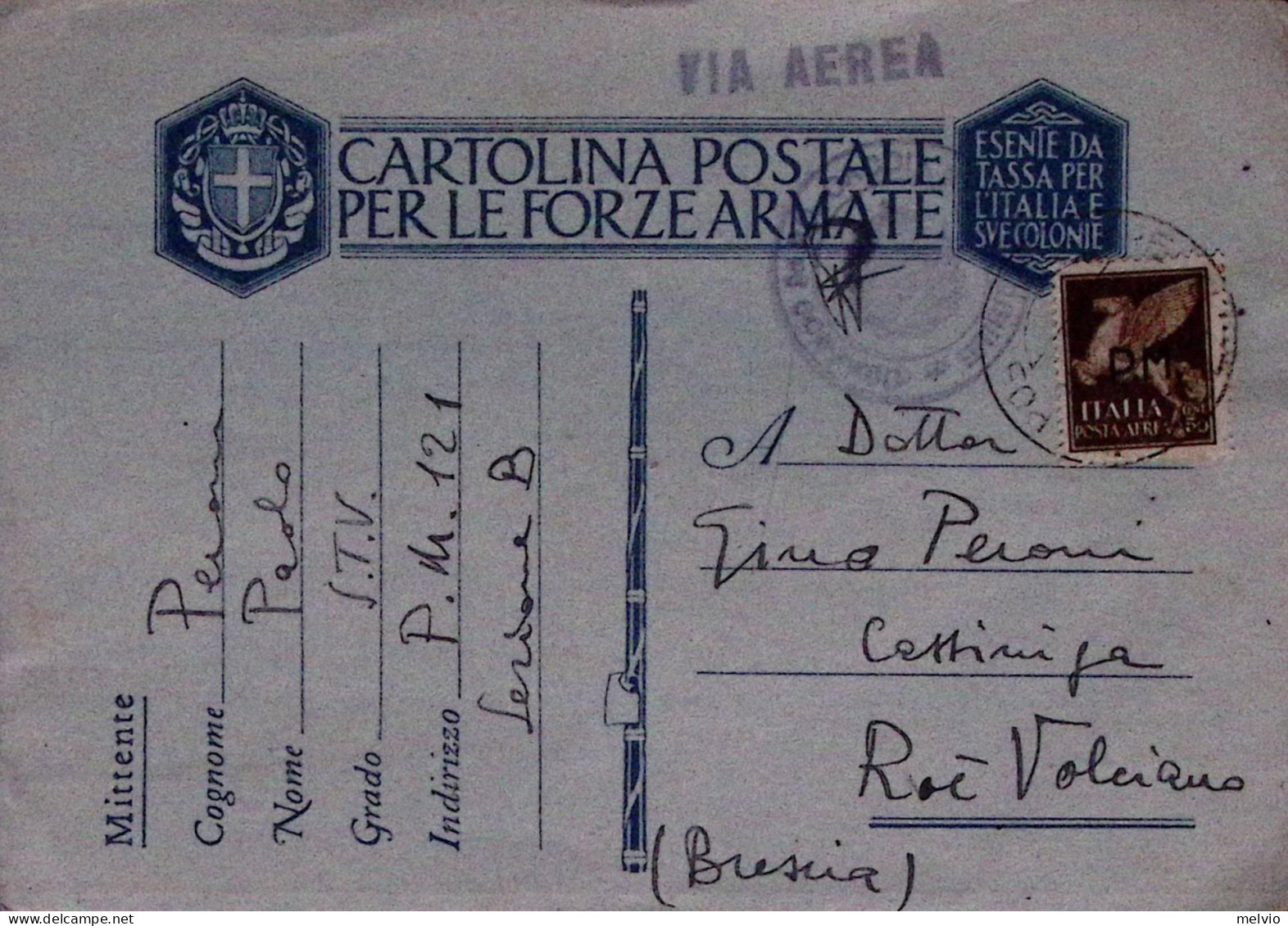 1943-Posta Militare N. 121 Sez B (1.9) Su Cartolina Franchigia Via Aerea - Marcofilie