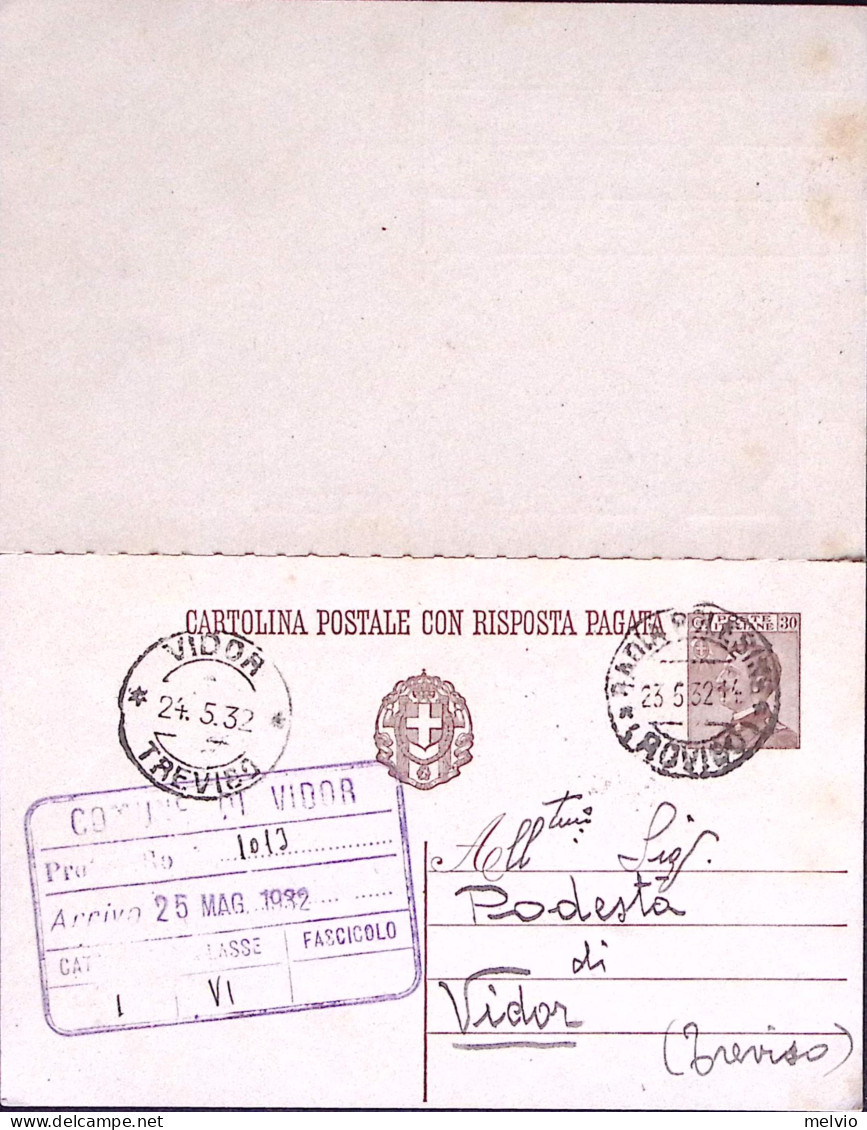 1929-Cartolina Postale RP Michetti C.30+30 Viaggiata Parte Risposta Unita Predis - Stamped Stationery