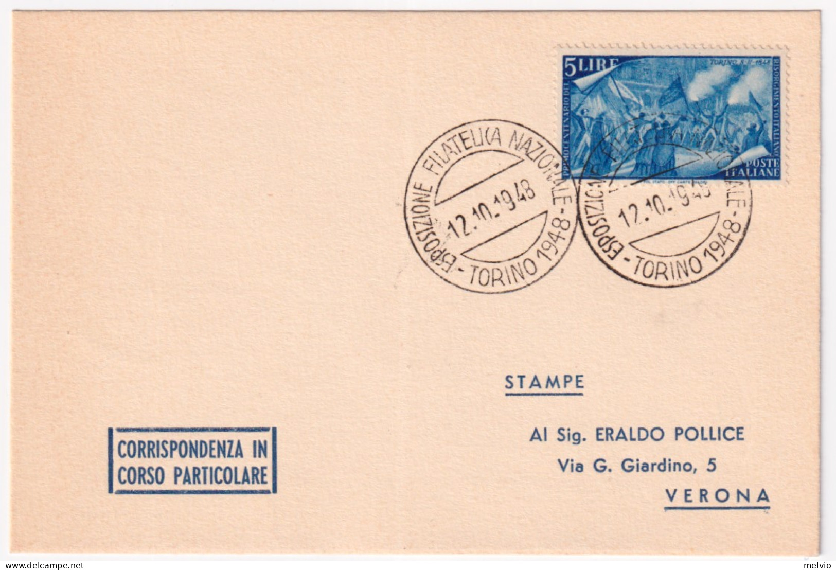 1948-TORINO Esposizione Filatelica Nazionale (12.10) Annullo Speciale Su Cartoli - 1946-60: Poststempel