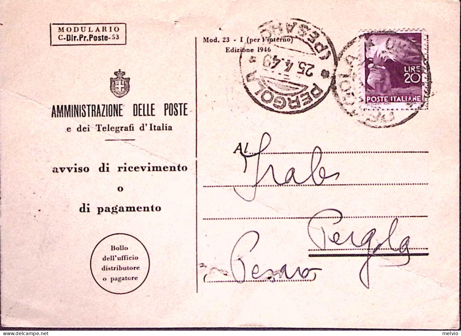 1949-AVVISO RICEVIMENTO (mod 53-I1946 Cartoncino Avorio) Con Stemma Luogotenenzi - 1946-60: Poststempel