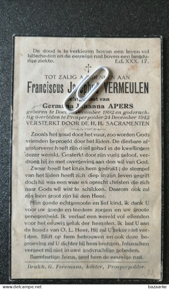 FRANCISCUS JOSEPHUS VERMEULEN ° DOEL 1892 + PROSPERPOLDER 1942 / GERMANA  APERS - Santini