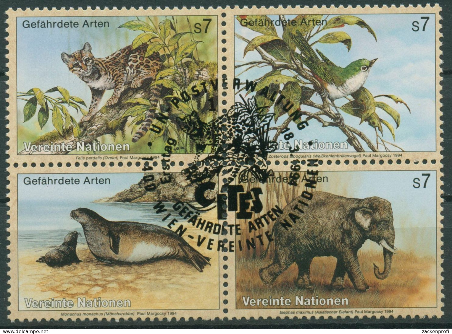 UNO Wien 1994 Gefährdete Tiere Ozelot Robbe Elefant Vögel 162/65 ZD Gestempelt - Used Stamps