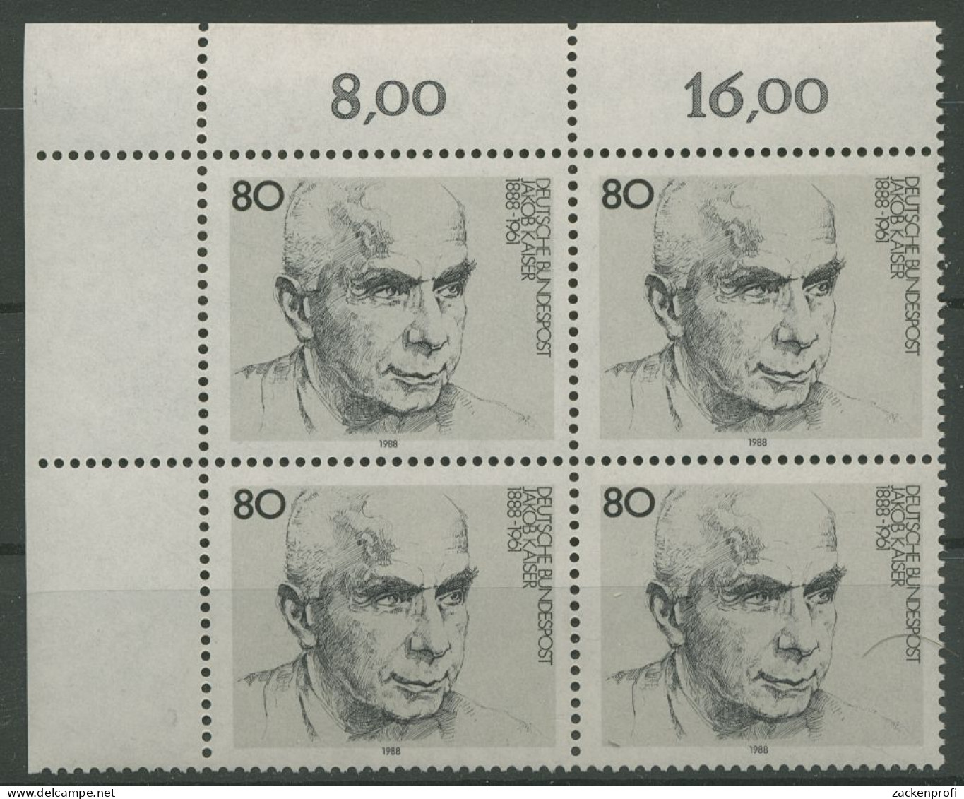 Bund 1988 Politiker Jakob Kaiser 1350 4er-Block Ecke 1 Postfrisch (R80221) - Unused Stamps