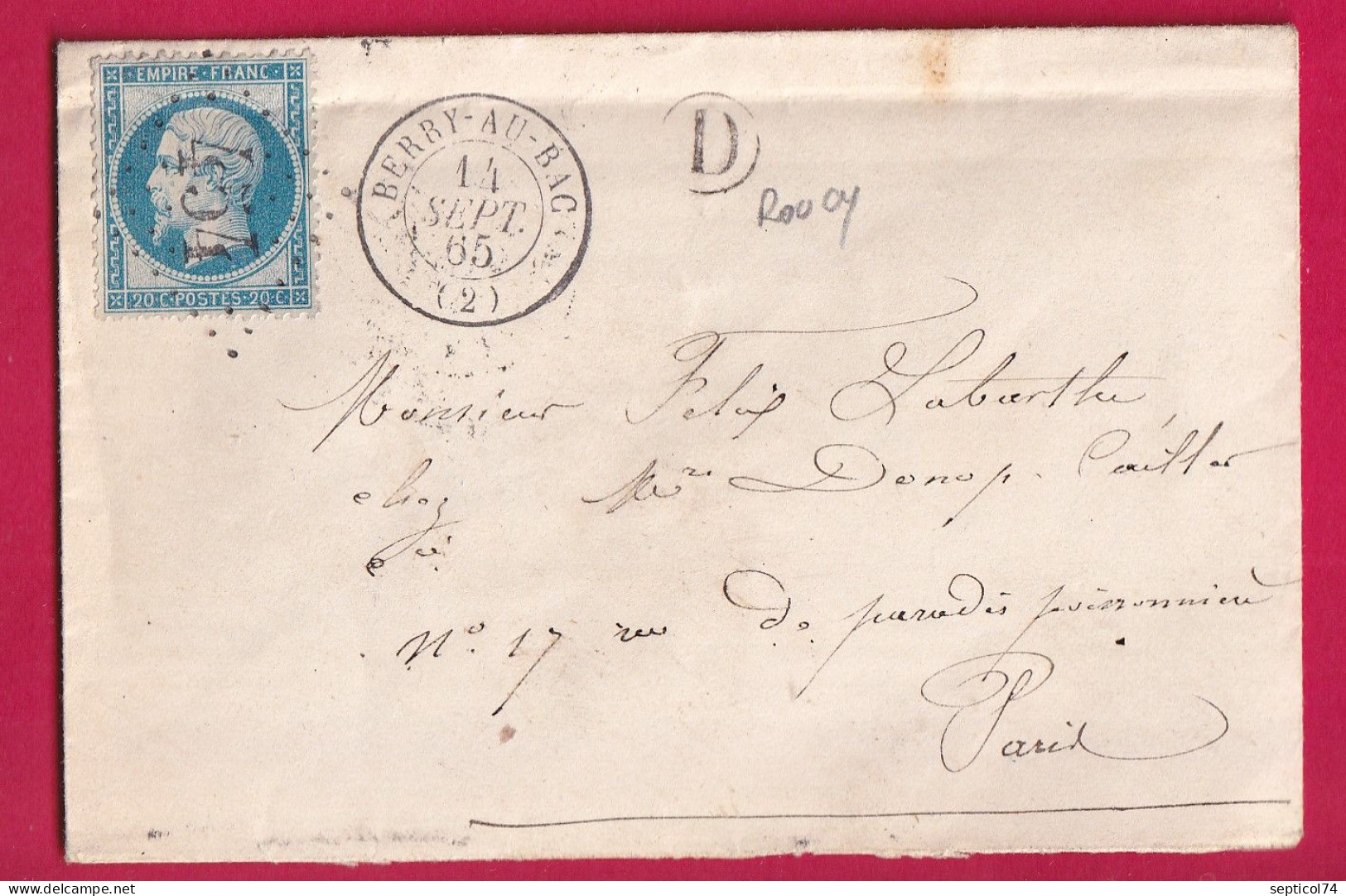 N°22 GC 454 BERRY AU BAC AISNE BOITE RURALE D ROUCY VOIR ETIQUETTE PUB AU DOS POUR PARIS LETTRE - 1849-1876: Période Classique