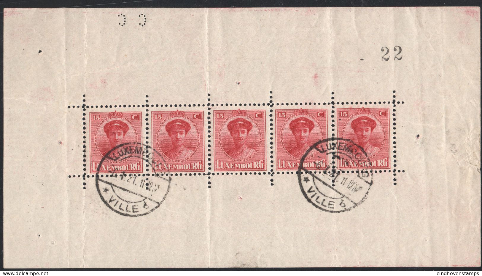 Luxemburg 1921 Jan 6 Minisheet Of 5 Stamps Charlotte FDC Cancel Folds And Usual Wrinkles Outside The Stamps - 1921-27 Charlotte Voorzijde