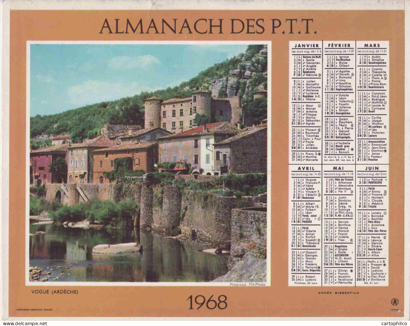 Calendrier France 1968 Vogue Ardeche En Cordee Alpinisme - Grand Format : 1961-70