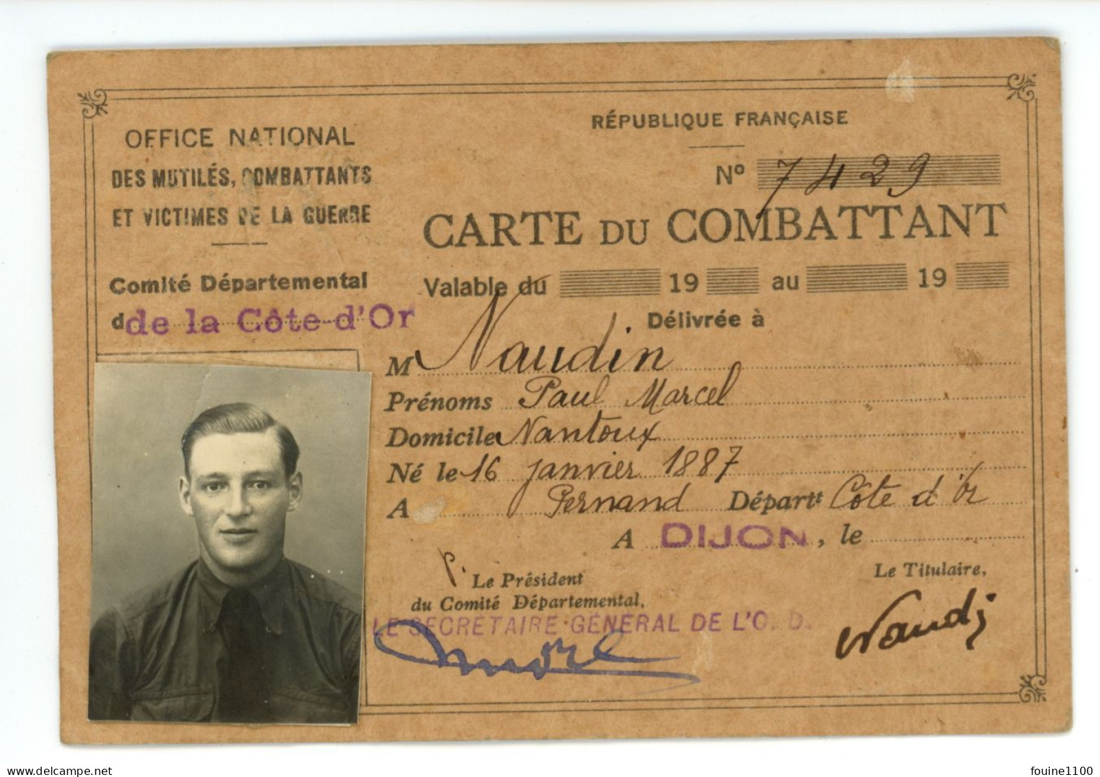 CARTE DU COMBATTANT Personne De NANTOUX 21 ( Militaire ) - Documents