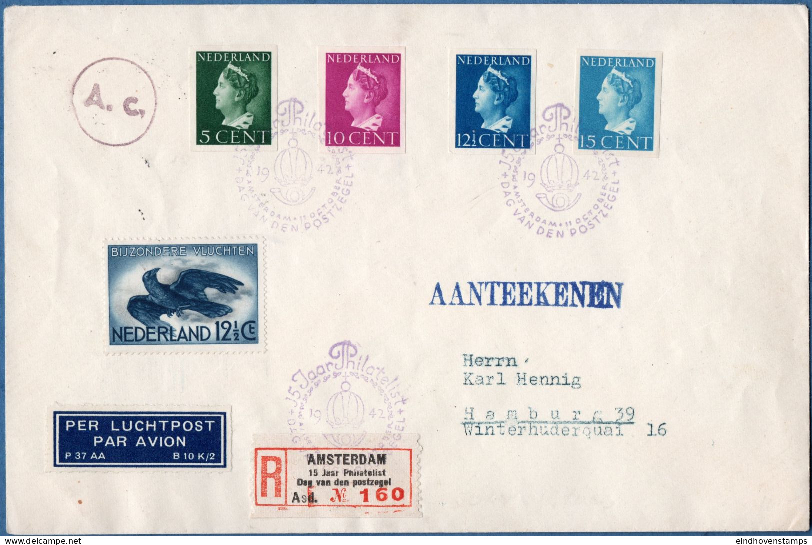 Netherlands 1940 Imperforated Queen Wilhelmina Stamps Paying Registered Dispatch To Hamburg Exhibition Cancel - Brieven En Documenten