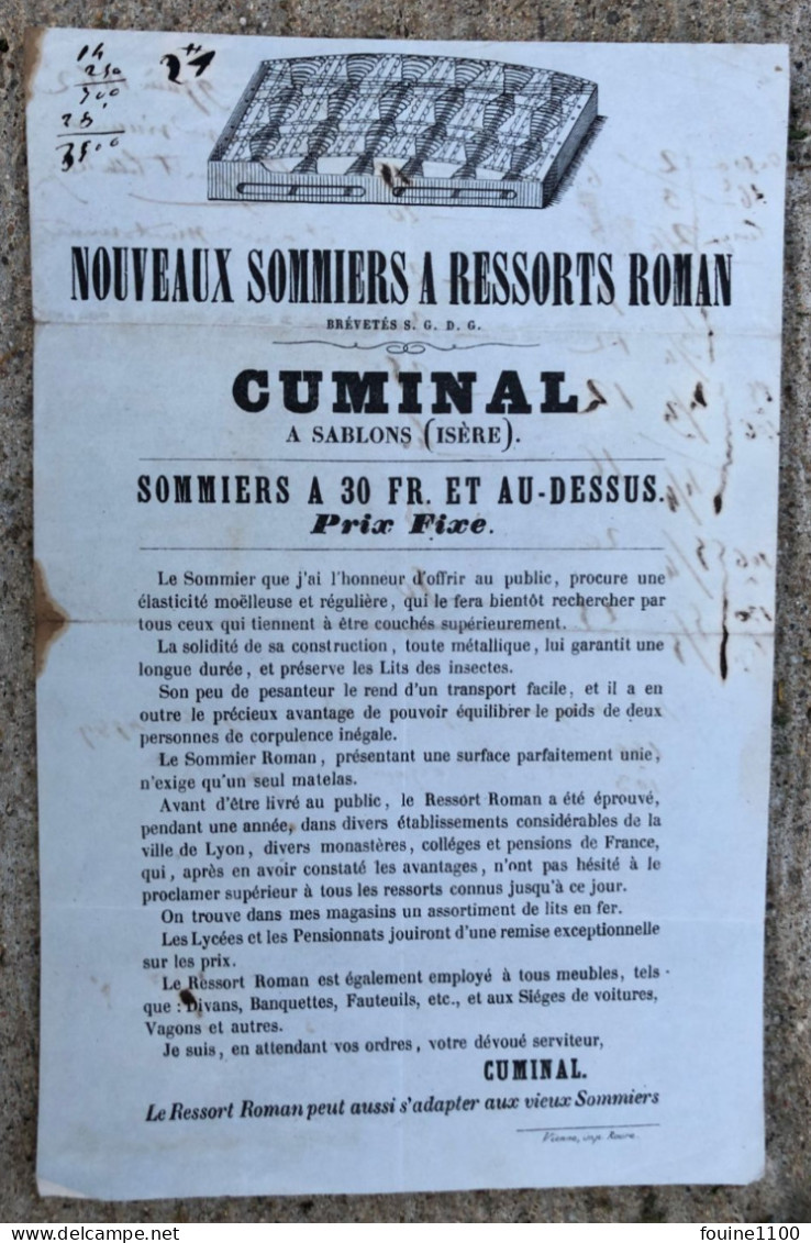 PUBLICITE Année 1862 Sommiers à Ressorts Roman CUMINAL à SABLONS 38 ISERE - 1800 – 1899