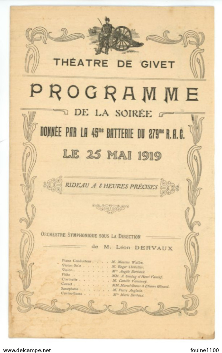 PROGRAMME Militaire THEATRE DE GIVET 08 ARDENNES Par La 45e Batterie Du 279e Régiment D'artillerie De Campagne R.A.C 279 - Programas