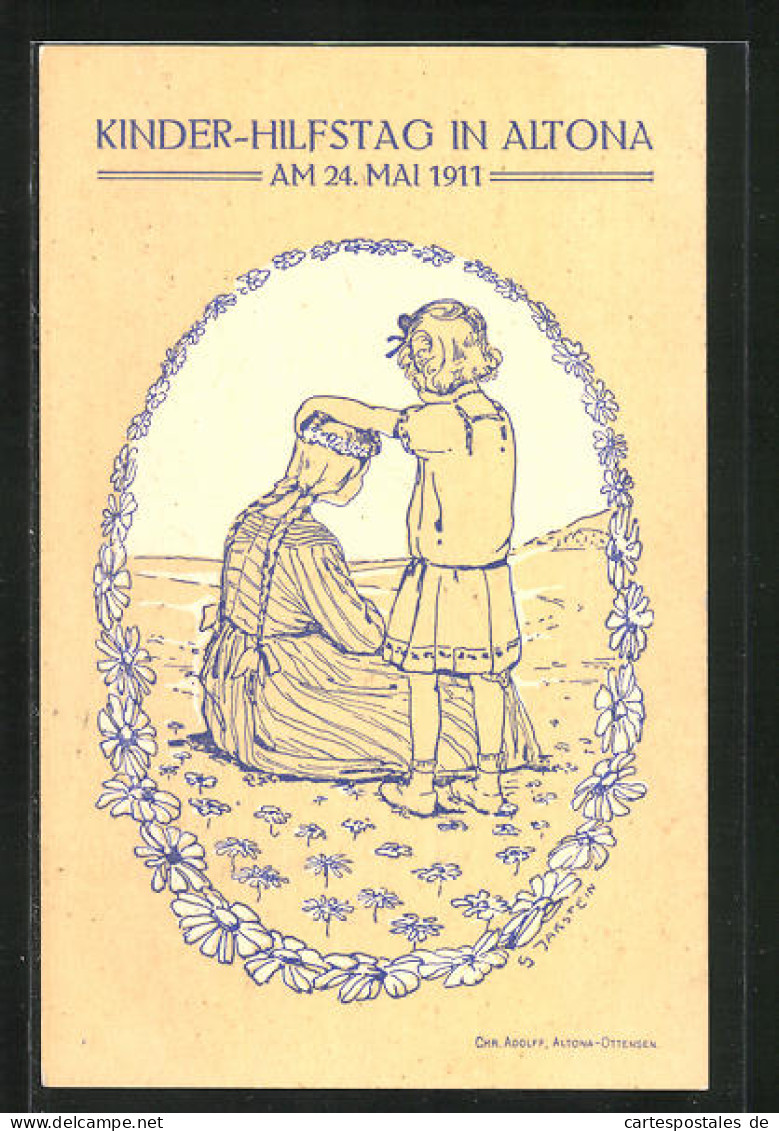 AK Hamburg-Altona, Kinderhilfs-Tag Und Blumentag 1911, Mädchen Mit Blumenkranz Auf Der Wiese  - Andere & Zonder Classificatie