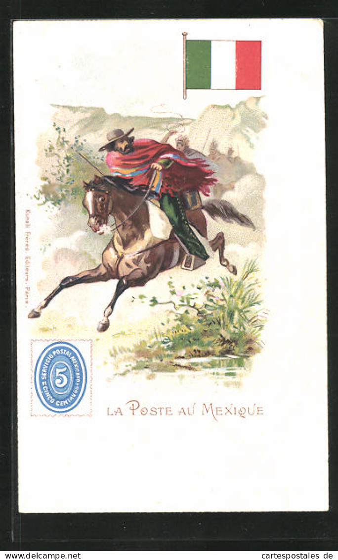 Künstler-AK Brief, La Poste Au Mexique, Flagge Und Postreiter  - Postal Services