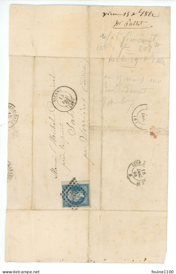 COURRIER Année 1862 De BELLOT Arbitre De Commerce 13 Cours Romestang à VIENNE 38 ISERE ( SERRIERES ) - 1862 Napoléon III