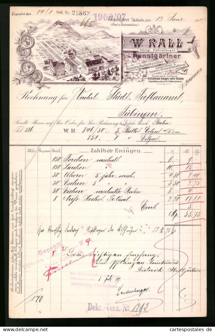 Rechnung Eningen 1907, Kunstgärtner W. Rall, Bauschulenbesitzer, Samenbau & Samen Grosshandlung, Werksgelände  - Other & Unclassified