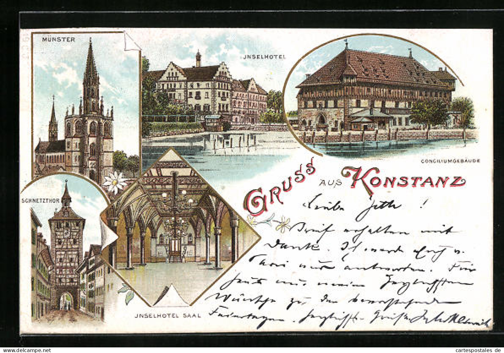 Lithographie Konstanz, Inselhotel, Conciliumgebäude, Schnetzthor  - Konstanz