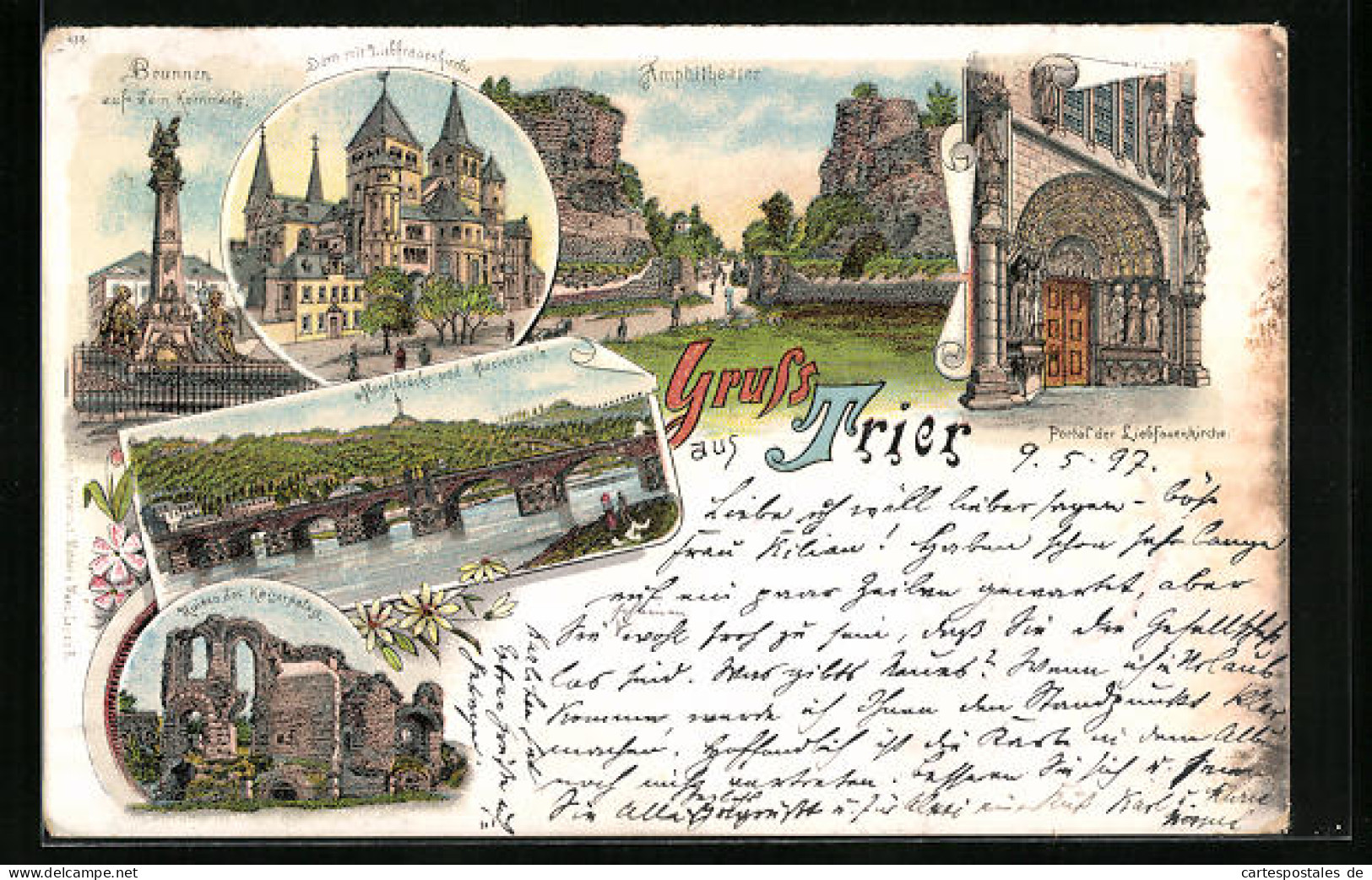 Lithographie Trier, Amphietheater, Portal Der Liebfrauenkirche, Brunnen, Dom, Ruine Kaiserpalast  - Théâtre