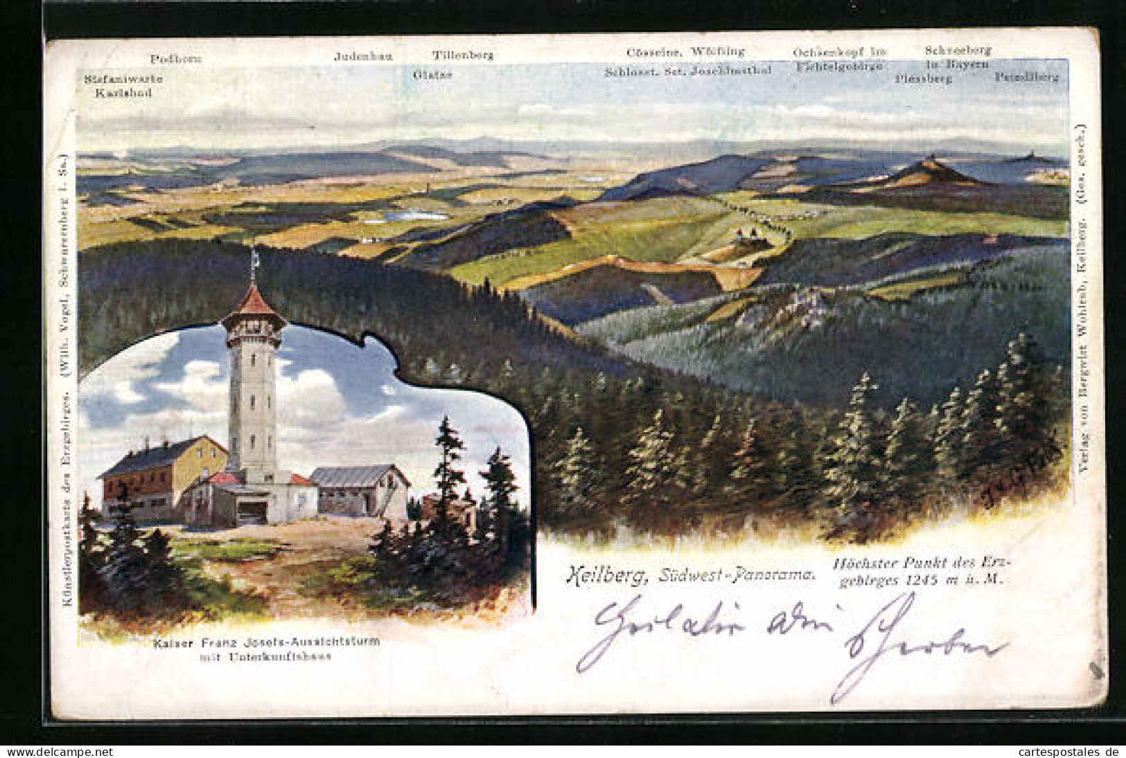 Künstler-AK Keilberg, Südwestpanorama Mit Blick Auf Den Kaiser Franz Josefs-Aussichtsturm  - Czech Republic