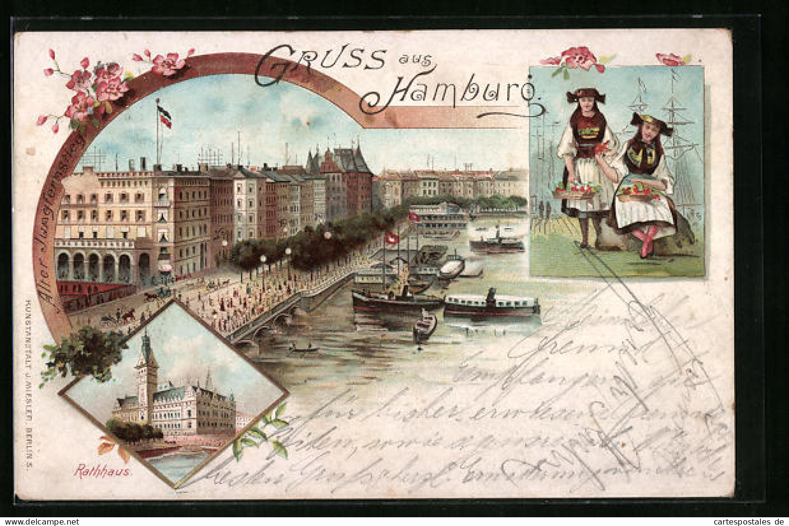 Lithographie Hamburg-Neustadt, Alter Jungfernstieg, Hamburgerinnen In Tracht  - Mitte