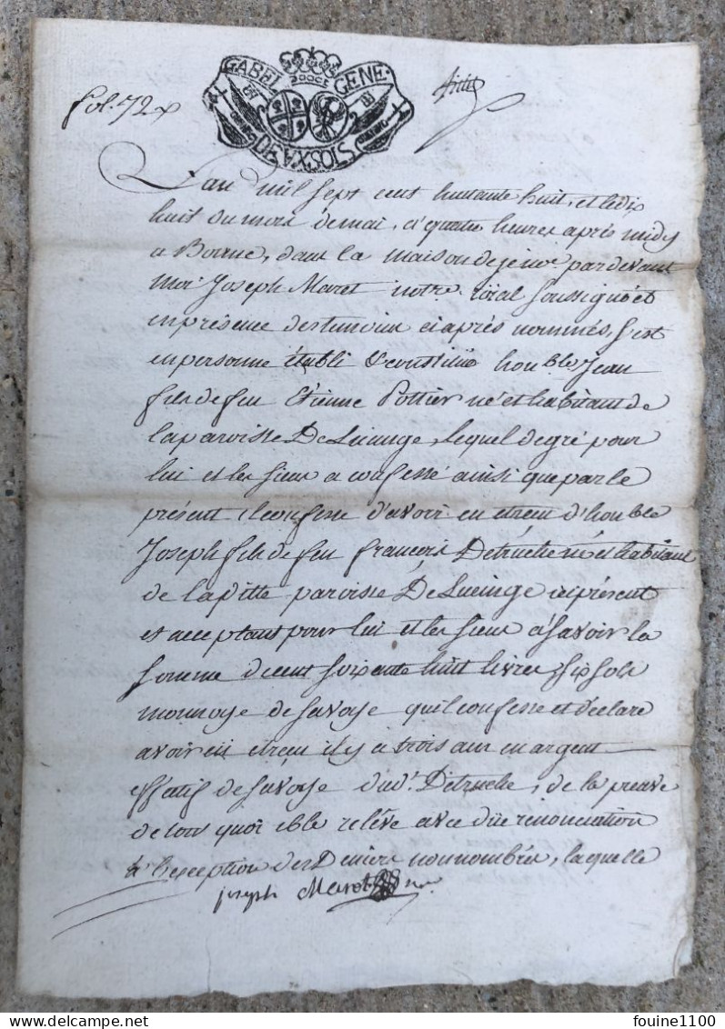 DOUBLE PAGE Année 1791 Pour Joseph DETRUCHE De LUCINGE ( LUCINGES 74 ) Fait à BONNE ( BONNEVILLE 74) HAUTE SAVOIE - Historische Documenten