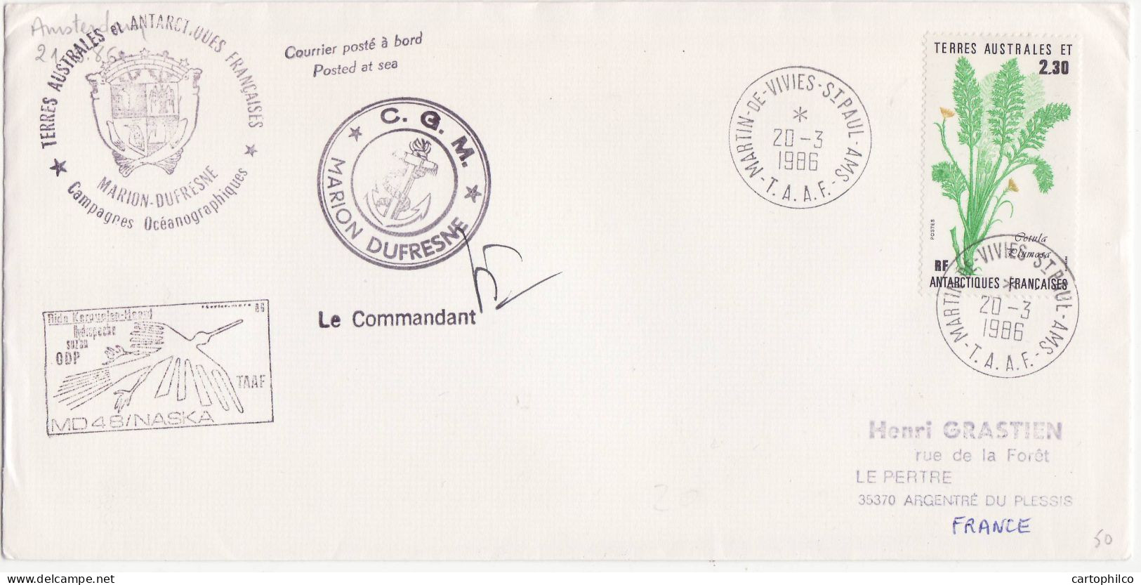 TAAF Lettre Marion Dufresne 20 3 1986 MD4 Naska Pour Grastien Argentre Du Plessis - Lettres & Documents